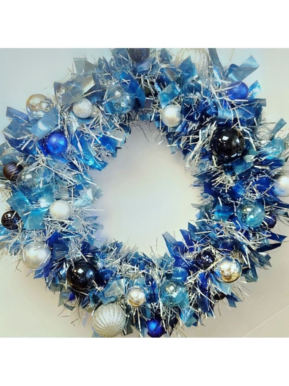 Luxury Blue Silver Ornament Wreath 16" Lighted Christmas Door Decor